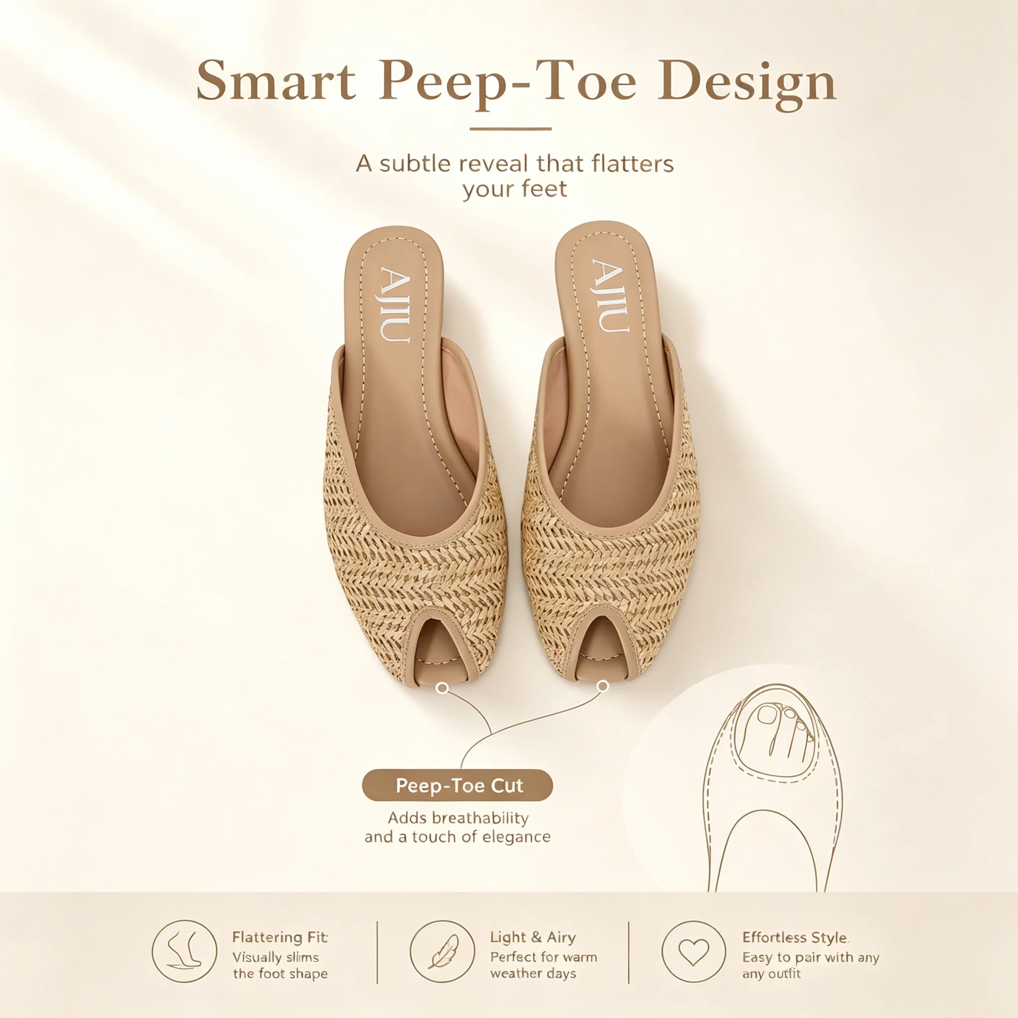 Women Peep Toe Straw Woven Flat Mule Slippers Smooth Leather Binding Slip On Sandals Vintage Summer Beach Casual Slide Shoes