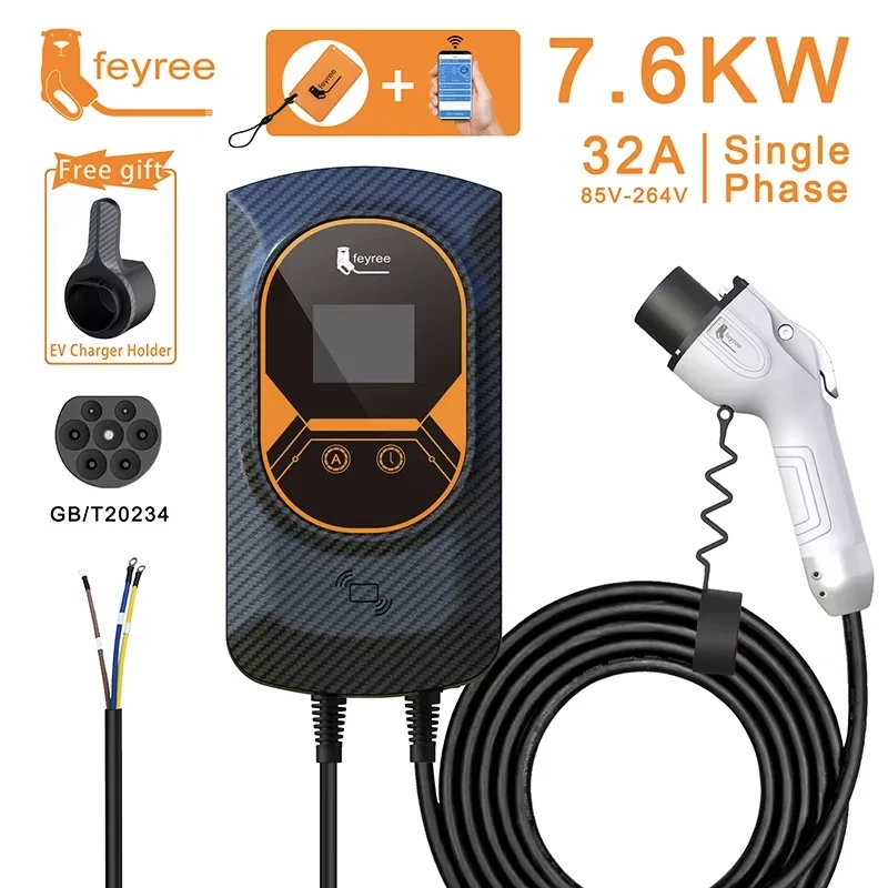 Feyree-cargador EV GB/T, enchufe EVSE Wallbox 32A, 22KW, trifásico, 16A, 11KW, estación de carga de Control por aplicación para vehículo eléctrico, Cable de 7,6 kW y 5m