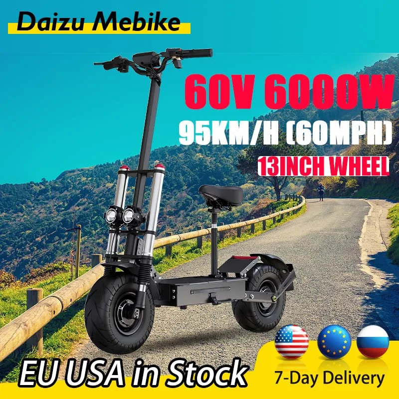 120KM Range Electric Scooter 6000W 60V Super Powerful Dual Motor Electric Scooters 95KM/H 60MPH Speed 13'' Street Tires 30AH