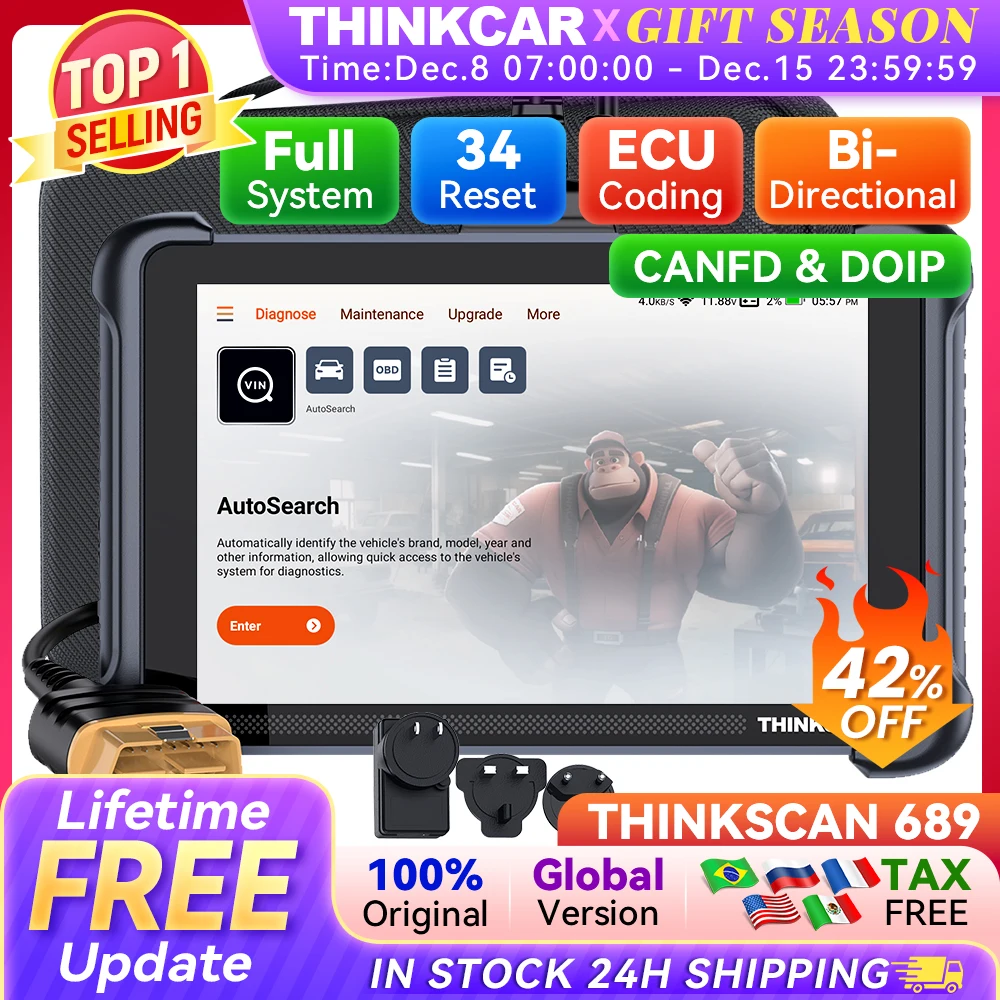 THINKCAR THINKSCAN 689 Strumenti diagnostici per auto professionali CANFD DOIP Codifica ECU bidirezionale 34 Reset Sistema completo Scanner Obd2