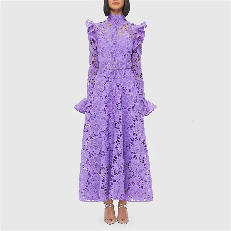 

Fall 2024 new women's standCollar ruffled long sleeveLace-up purple water-soluble dress long dress y2k high quality hollow dress