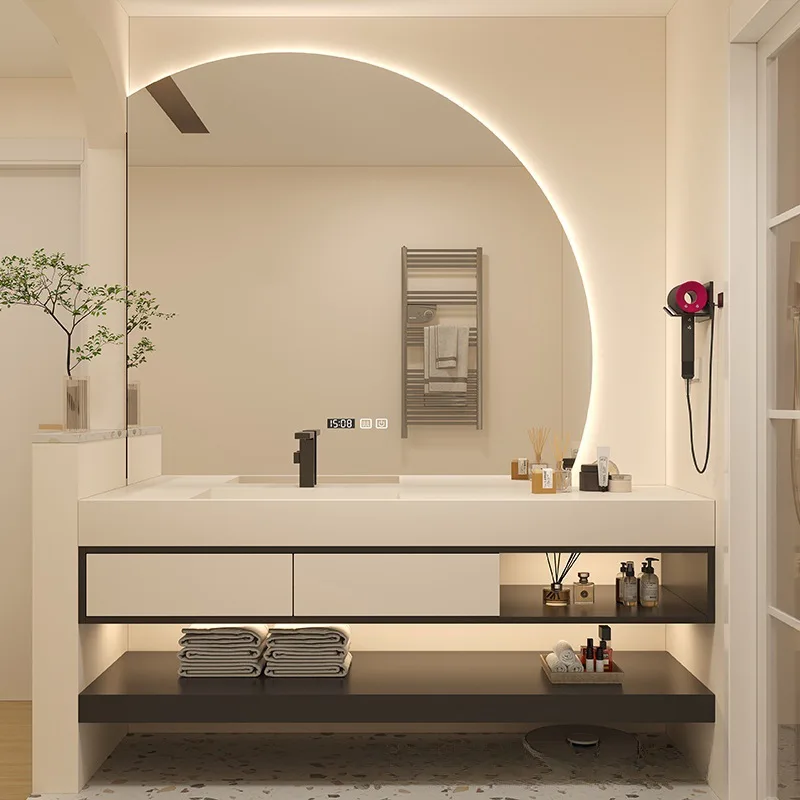 【custom】designer half-moon mirror rock slab seamless ceramic basin bathroom vanity set - modern minimalist washbasin