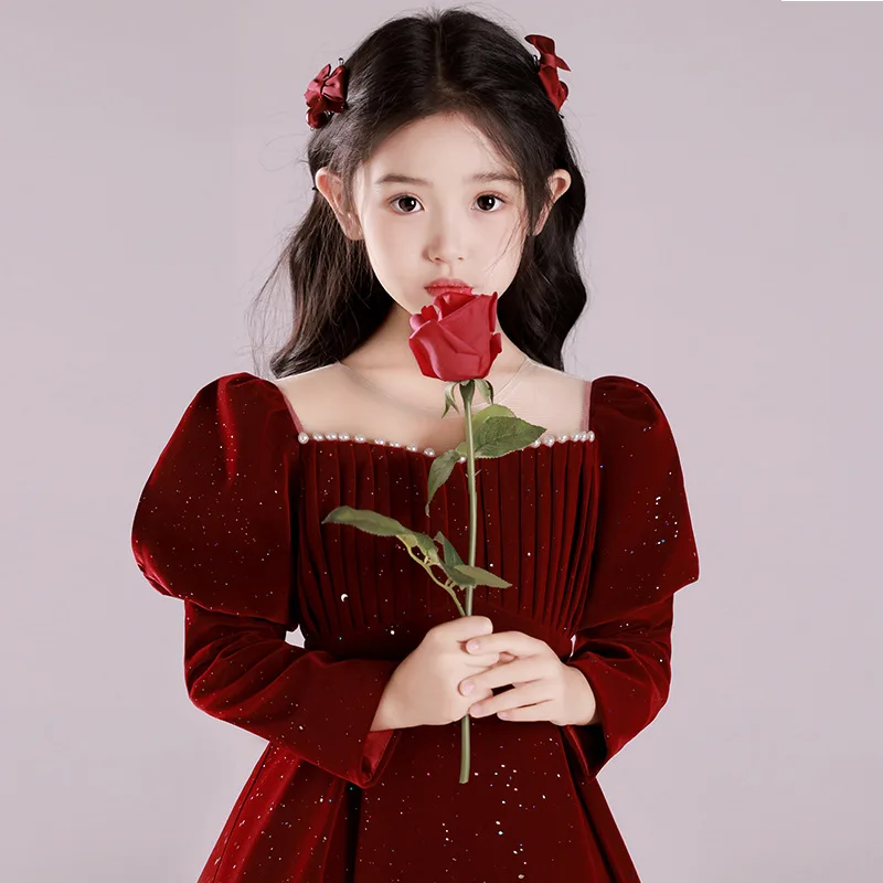 Teenmiro Hostess Costume for Children Girls Chinese New Year\'s Party Dress Infants Red Sequins Beading Ball Gown Teens Partywear