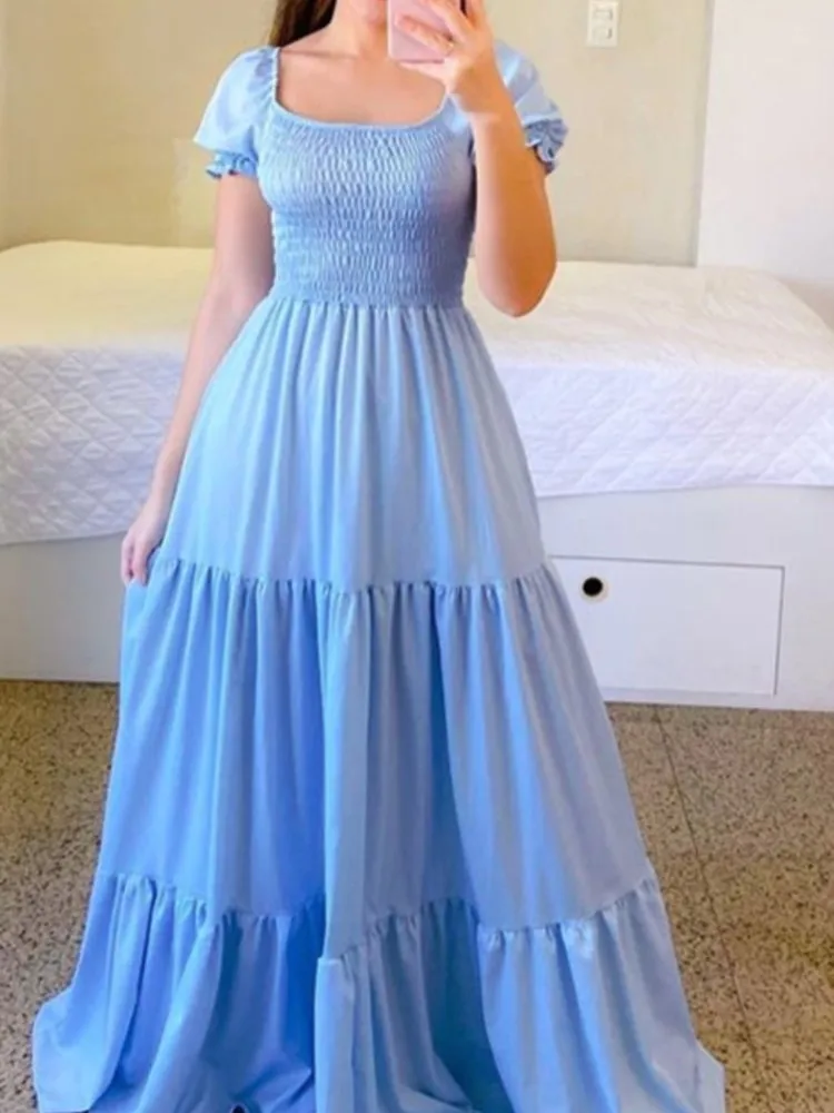 ใหม่ผู้หญิง Boho ดอกไม้ชุดฤดูใบไม้ผลิฤดูร้อนยุโรปอเมริกันผู้หญิงเสื้อผ้าปิดไหล่หอมยาวสีทึบชุด