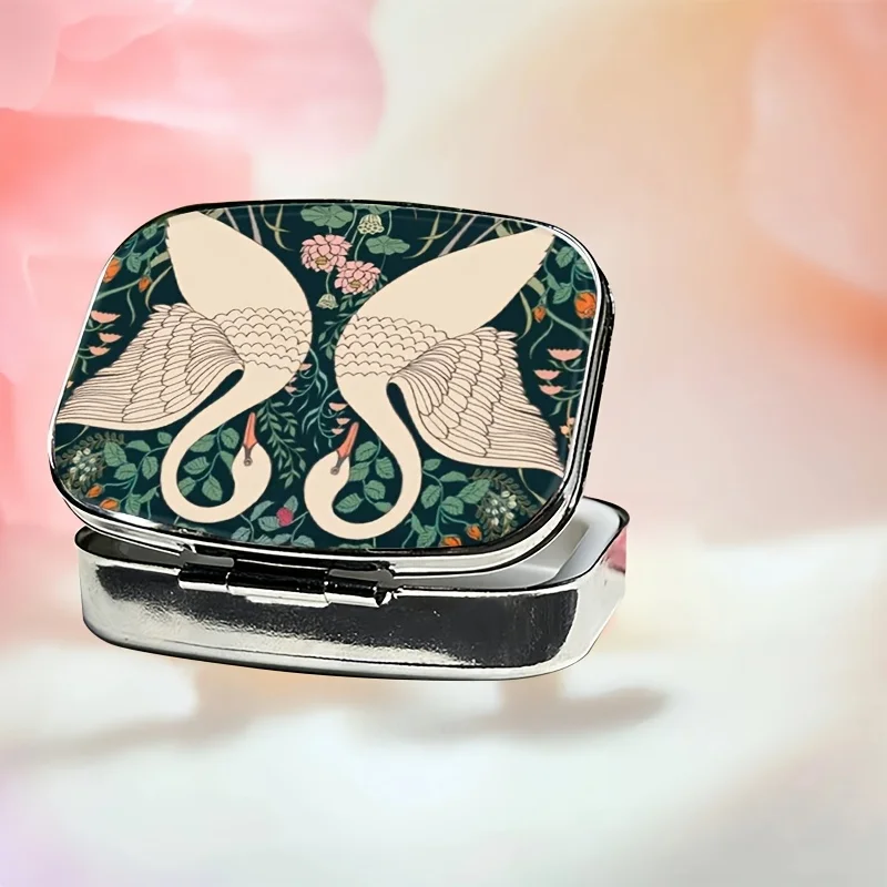 Swan Flower Green Square Pill Box, Mini Pill Box, 2-Compartment Pill Organizer, Portable Home Storage Box, Travel Essential, Stylish and Compact, Suitable for Wallet, Travel-Friendly, Valentine's Day