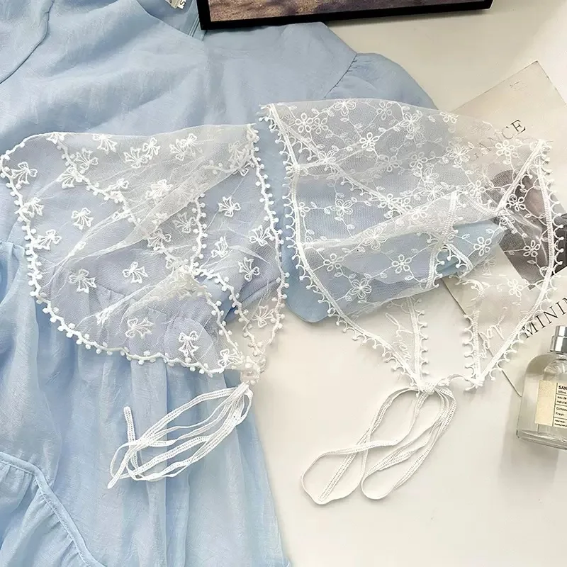 Elegant Lace Triangle Scarf for Women White Sweet Floral Design Breathable Thin Ribbon Artistic Style for Travel Photos