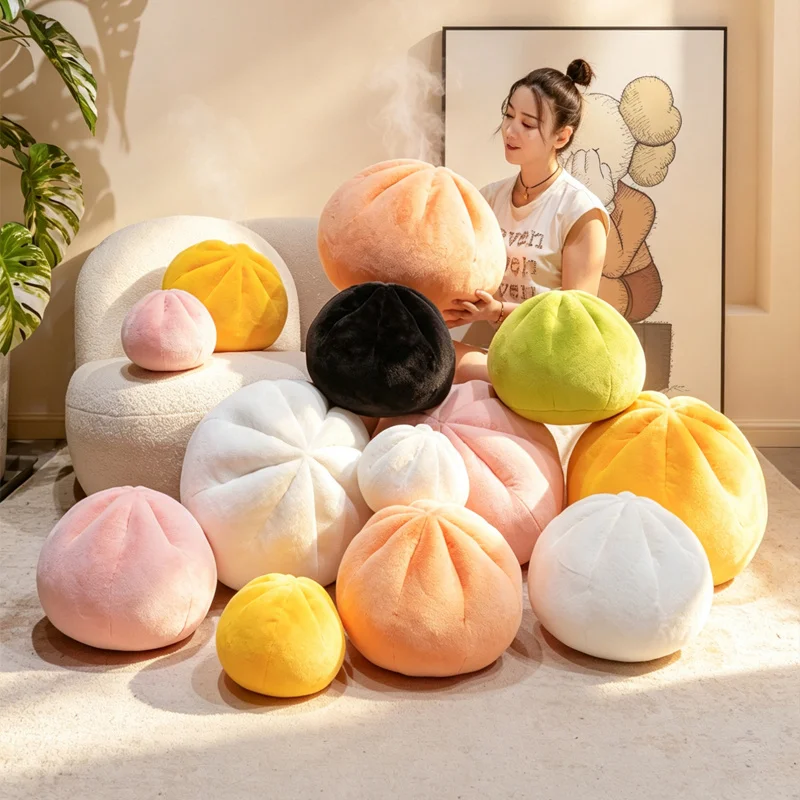 Colorful Soup Dumpling Plush Pillow,  Steamed Bun Shaped Stuffed Cushion, Soft Fluffy Round Bun Throw Pillow for gifts.
