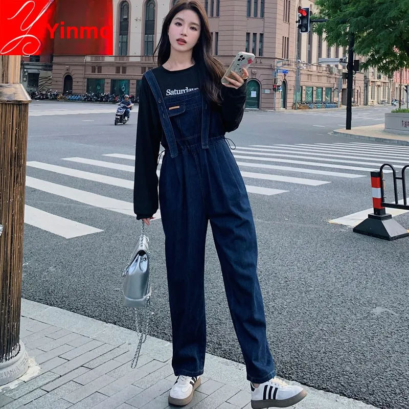 

Ele High Waist Denim Overalls Women's Loose Fit Autumn Korean Sle Slimming Strap Pants Faion College Trend Anti-Aging...