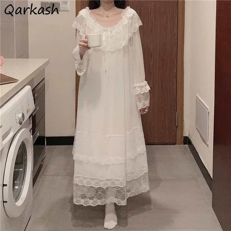 Nightgowns Women Solid Loose Bow Long Sleeve Mid-calf V-Neck Leisure Home Princess Style Stylish Gentle Feminino Sleepshirts New