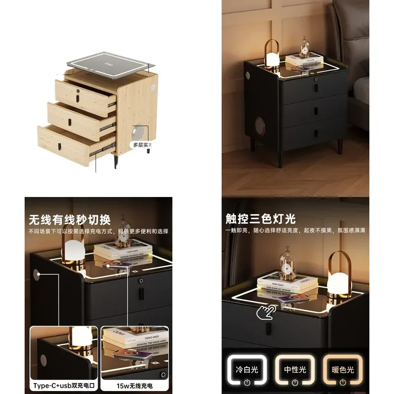 Black Slate Solid Wood Nightstand Modern Luxury Bedroom Side Table Storage Locker for Home Decor