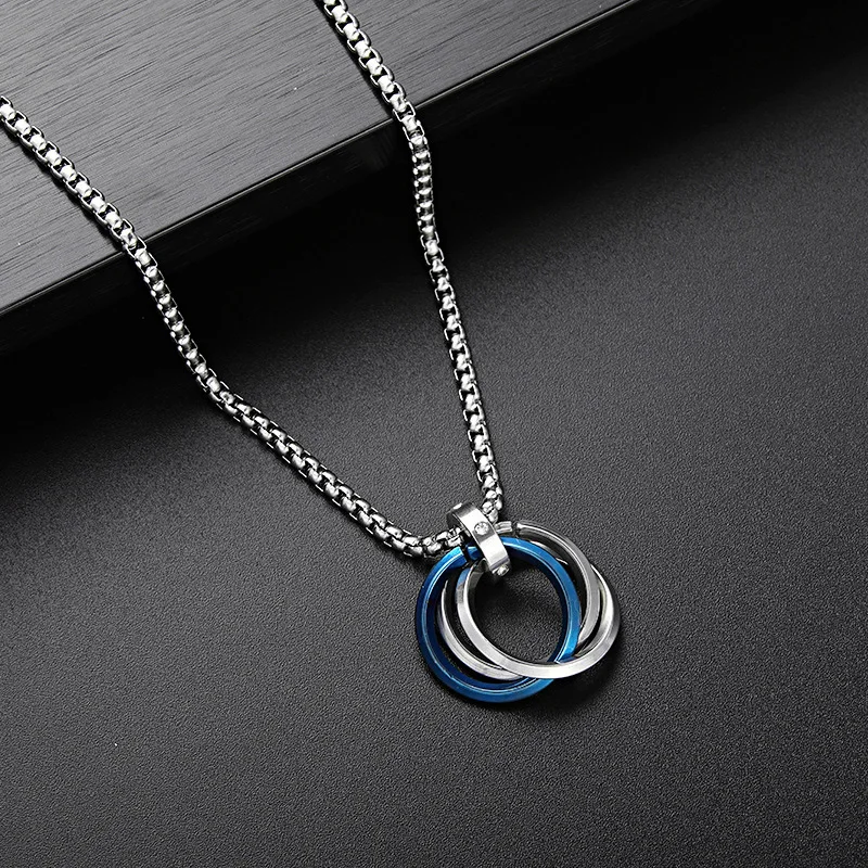 1pcs Hot Selling Stainless Steel Three Ring necklace, Simple And colorfast, men's hip-hop Style Diamond Inlaid Pendant Accessory