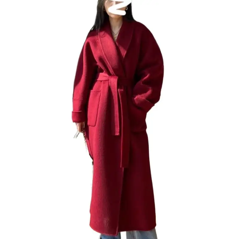 

High-end Women Long Woolen Coat Bathrobe Design Double Sided Wool Autumn Winter Fashion Overcoat Lace Up Solid Color Soft Belt