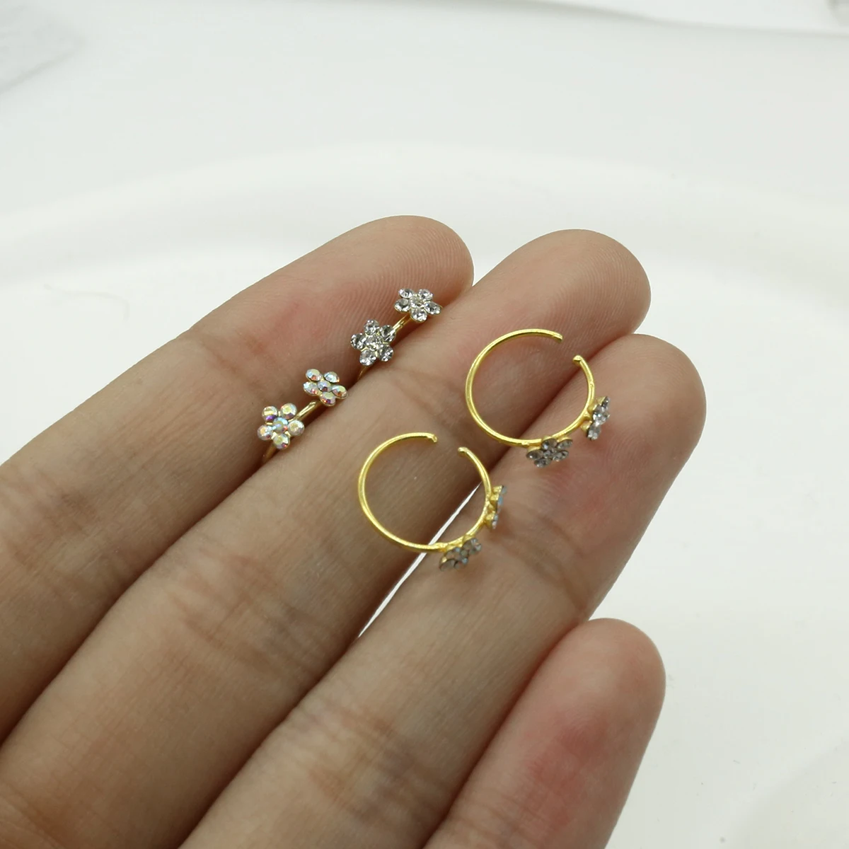 Sterling Silver 925 Piercing Nose Ring Vintage White Crystal Flower C-shaped Nose Rings Women's Versatile Fashion Silver Jewelry