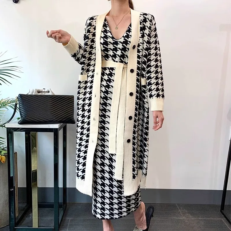 French Chic Set Women'S Autumn And Winter V-Neck Long Knitted Sweater Paired With A Houndstooth Vest Dress Two-Piece Set