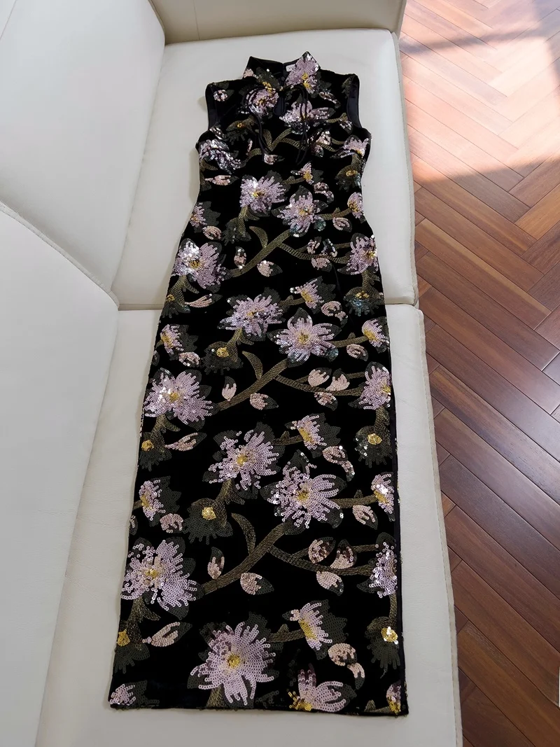 

Ele Bla Feather Qipao Dr, лето 2024, новая китайская повседневная одежда, жемчужная вышивка, древняя техника, высококачественный Dr