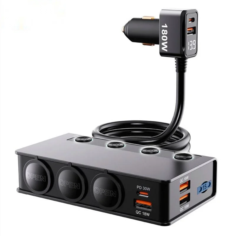 

Новый разветвитель прикуривателя TR51 180 Вт 9 в 1, 48 Вт Type-c + QC3.0, адаптер для быстрого автомобильного зарядного устройства с независимым переключателем ВКЛ/ВЫКЛ