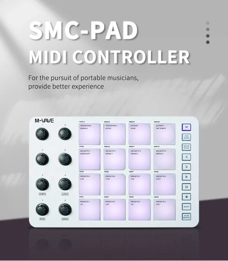 M-VAVE SMC-PAD Portable Wireless MIDI Controller Suitable Percussion Keyboard USB-C Interface Design Small MIDI Pad for Beginner