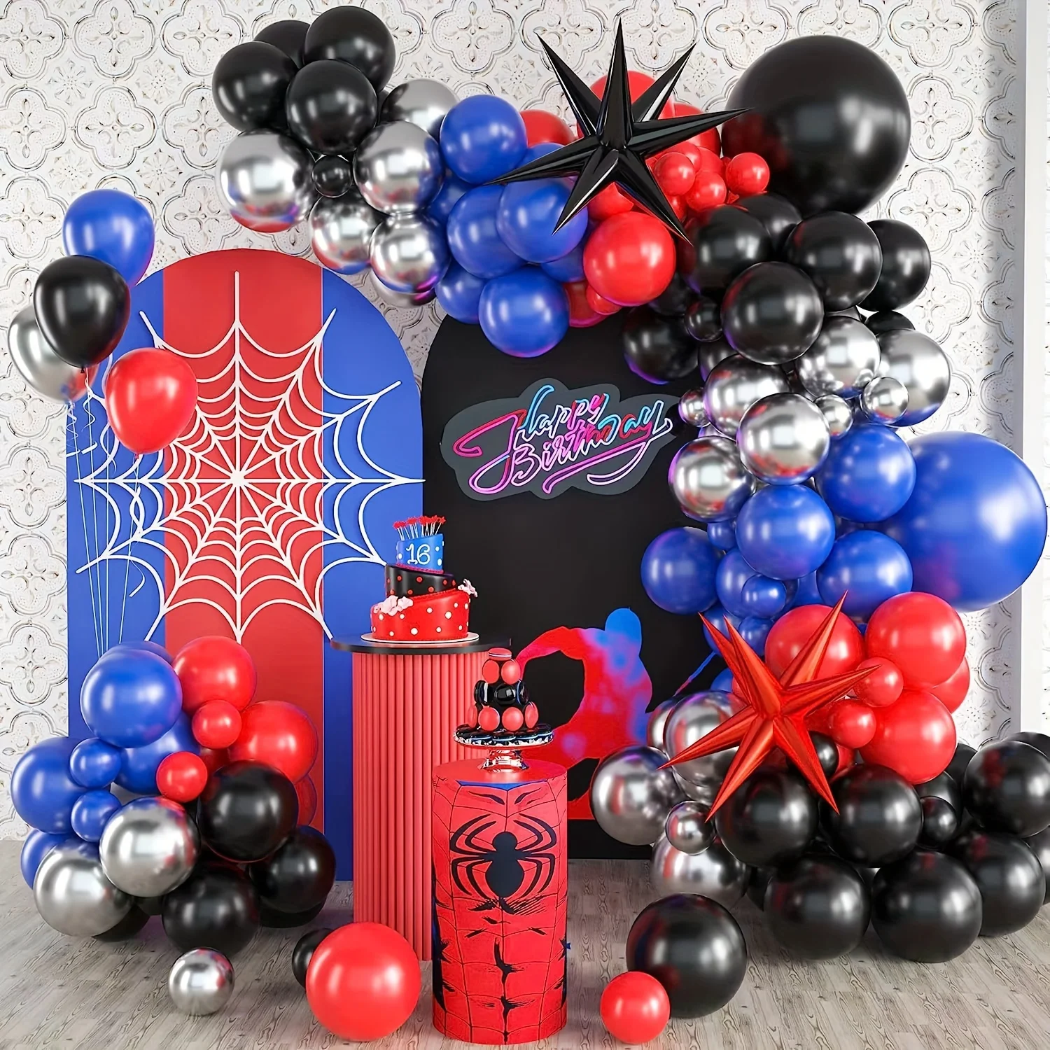 1set Red And Blue Cool Hip Hop Birthday Party Balloon Party Decoration, Star Balloon Spider Theme Balloon Decoration Balloon Cha