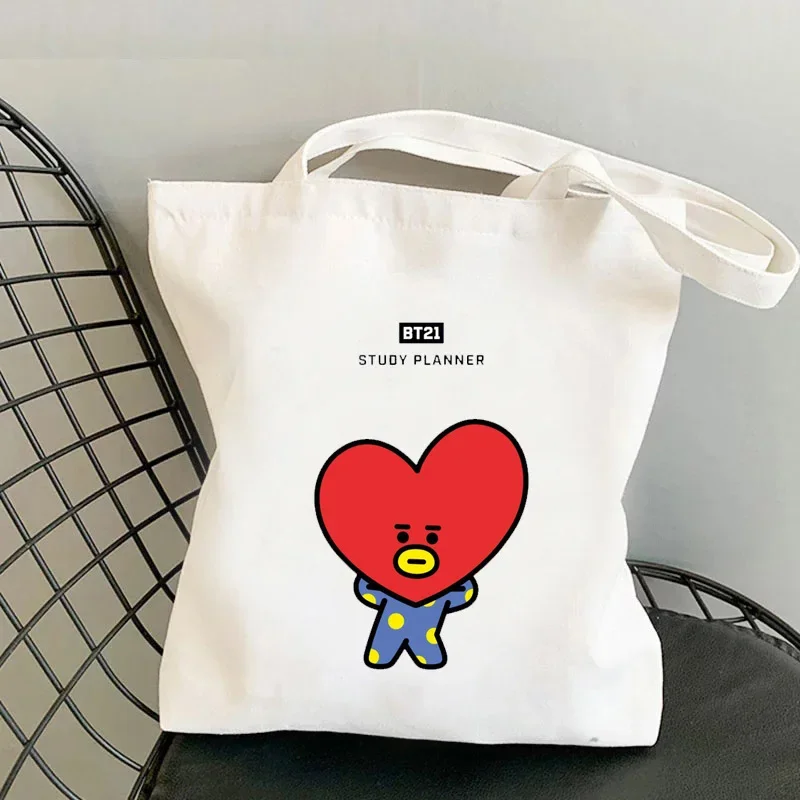 Kawaii Bt21 Anime Tata Rj Cooky Chimmy Canvas Bag Cute White Shopping Shoulder Bags Umbrella Water Cup Bag Girl Gift