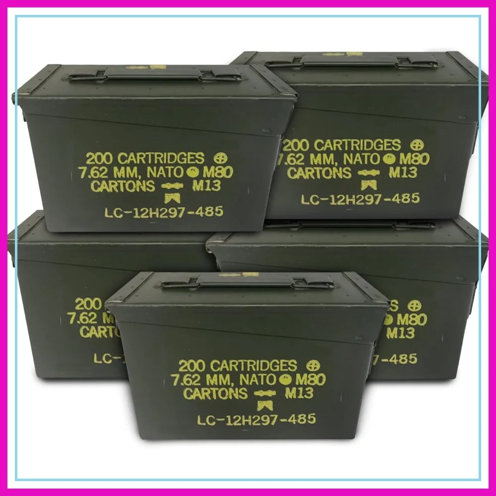 

5-Pack Green Ammo Storage Can, 30 Cal Carbon Steel & Aluminum Lockable Gear Box with Hinged Lid, Tension Clamp & Handle
