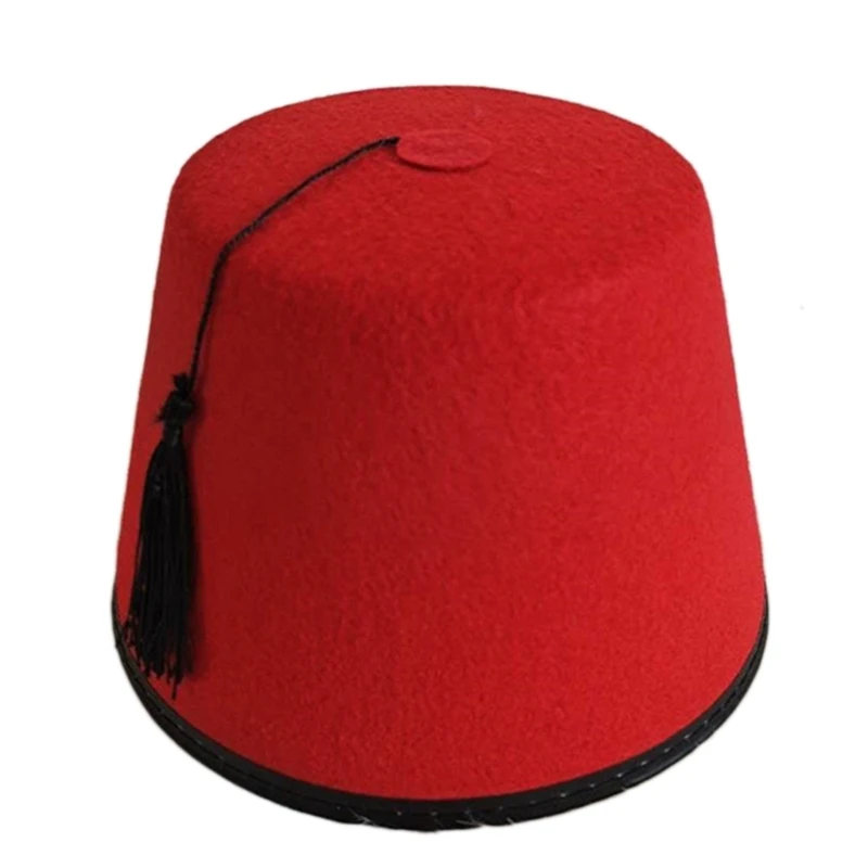 Tarboosh Fez Hat for Men Universal Red Moroccan Hat Ottoman Round Hat Breathable Turkish Tassels Cap Role Play Headwear M6CD