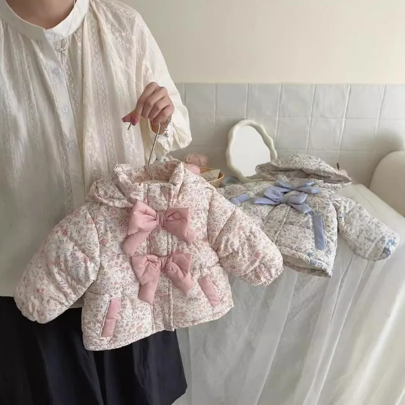 New Children's Plush Cold Proof Cotton Clothes with Western Style Floral Winter Style Butterfly Bow Hooded Jacket
