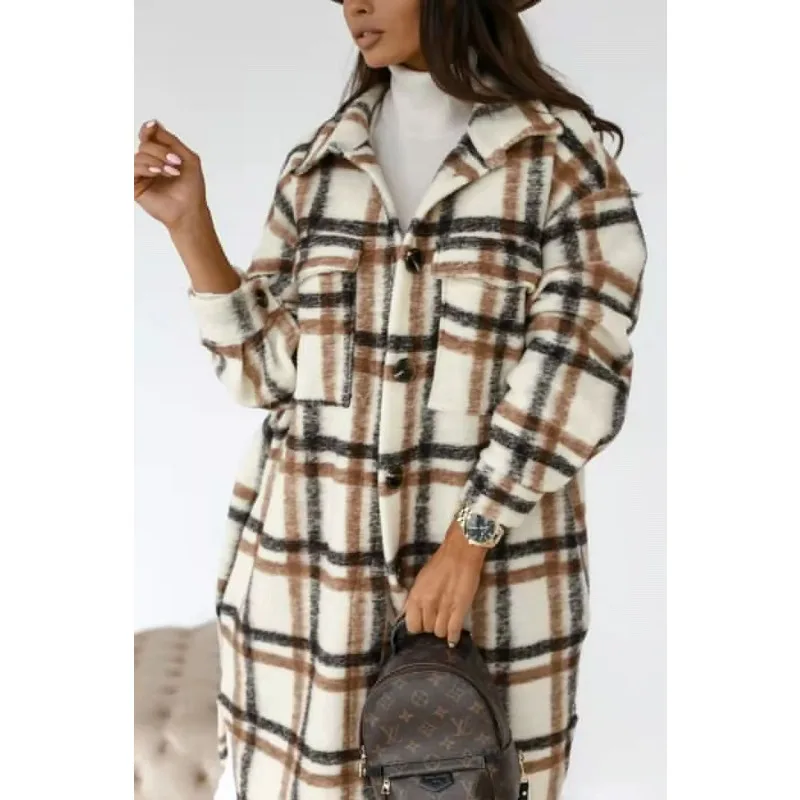 Spring and Autumn Shirt Wool Coats Women\'s Plaid Polished Medium and Long Woolen Coat Jackets Long Sleeve Pockets Blends Outwear