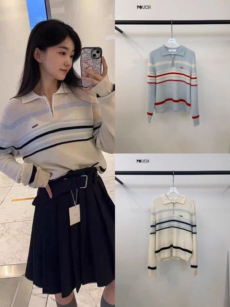 

Color Blo Ne Knitted Sweater Women Casual Long Sve f Zip up Top Dongdaemun Sle Soft Striped Loose Fit Faion