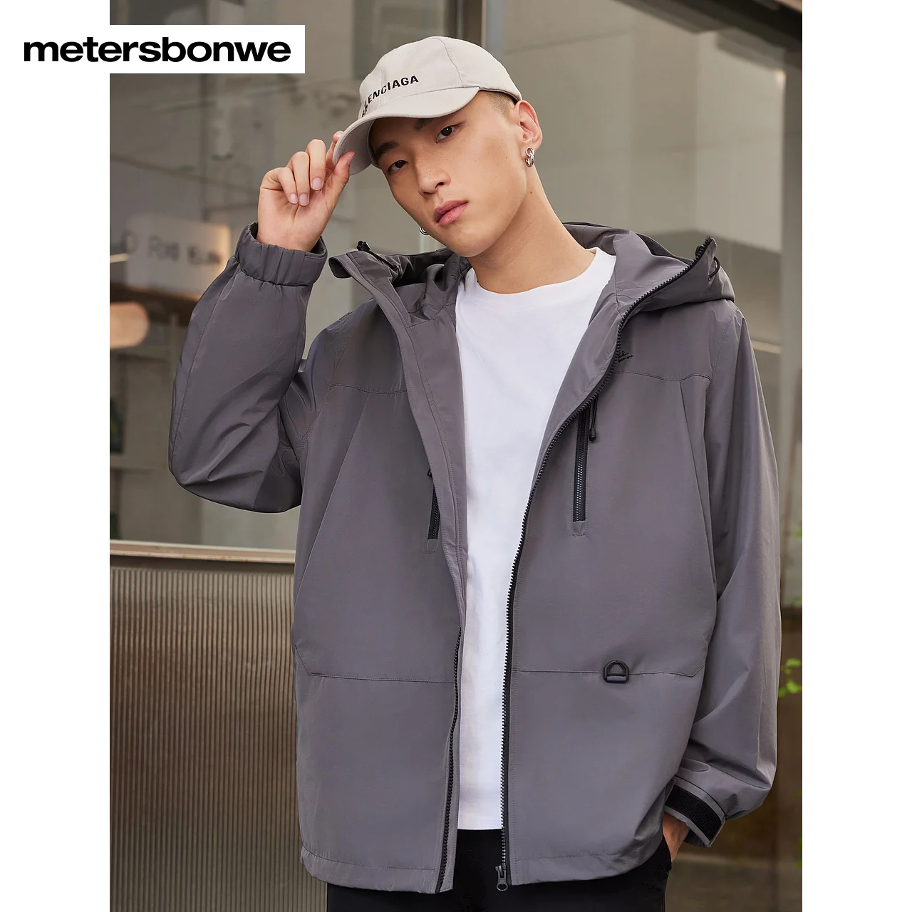 Metersbonwe-Men Women's Waterproof Jacket Outdoor Hooded Windproof Hidden Zipper Pocket Loose Hardshell Jacket Spring Autumn