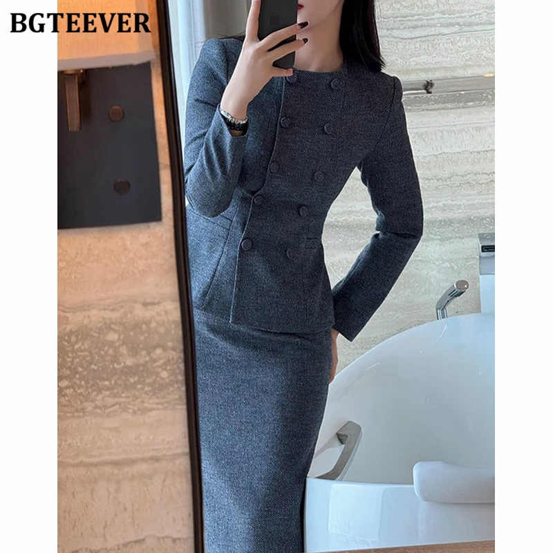 BGTEEVER シックなヴィンテージ秋冬レディーススカートスーツ ダブルブレストスリムウエストブレザー＆パッケージヒップスカート レディースブレザーセット