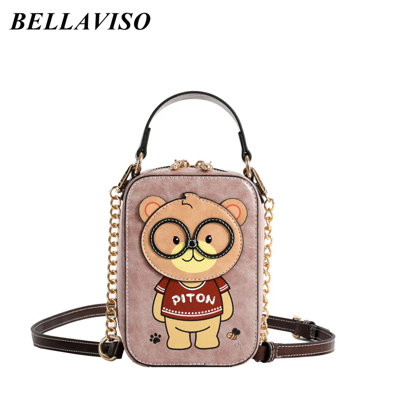 

BellaViso Ins Women's PU Leather Crossbody Bag Female Lightweight Portable Cartoon Bear Pattern Cellphone Shoulder Bags BLCR-63