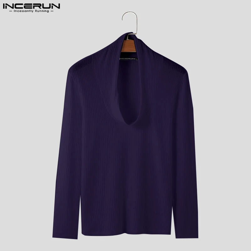 INCERUN Men T Shirt Solid Color Turtleneck Long Sleeve Knitted Casual Men Clothing Streetwear 2024 Fitness Fashion Male Tee Tops