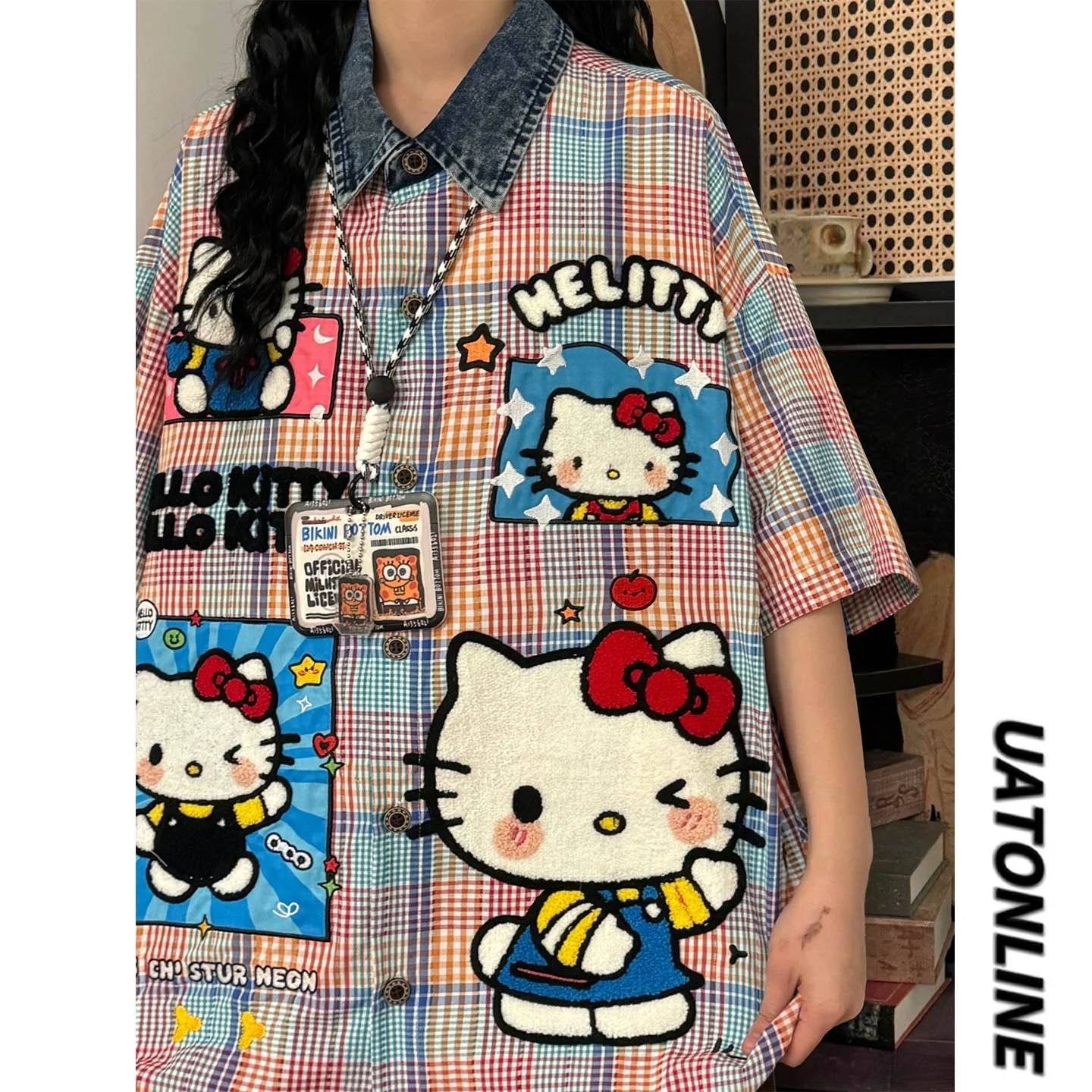 

UATONLINE2026 Summer American Retro Fun Embroidery Plaid Short Sleeve Women's Shirt Trendy Street Style Loose Fit Co...