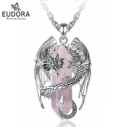 Eudora Dragon Twining Hexagonal Rose Quartz Prismatic Necklace Punk Healing Stone Rose Quartz Pendant Jewelry Gift for Man Women