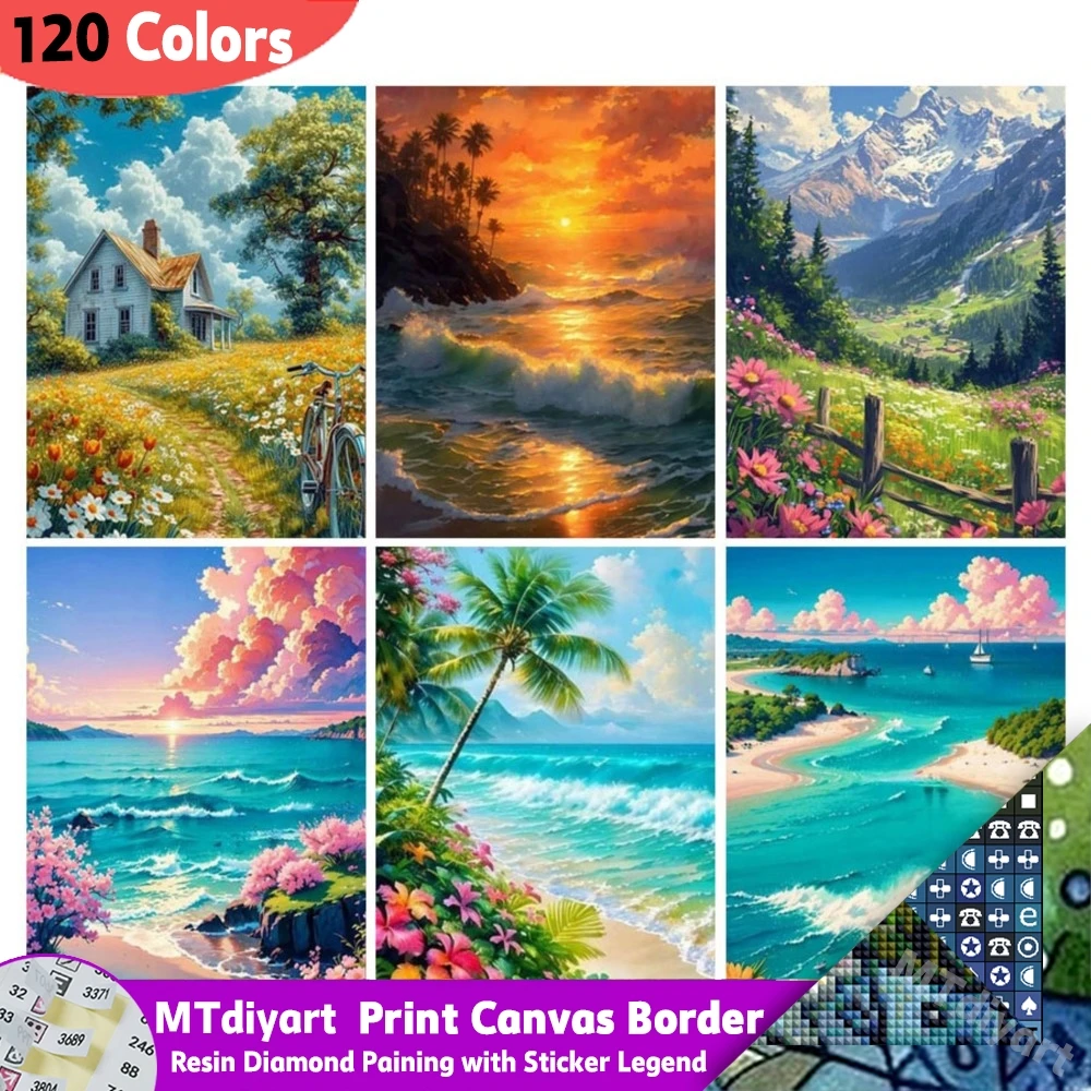 Natürliche Landschaft 120 Farben Harz Diamant Malerei mit Aufkleber Legende Meer Kunst Mosaik Stickerei Mountain Valley Landschaft Dekor