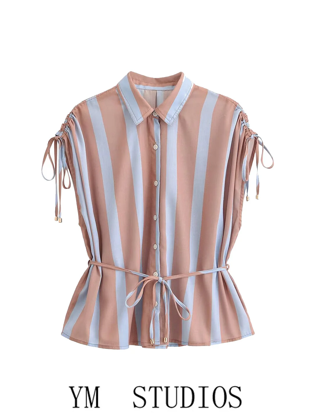 Women's Sleeveless Striped Shirt with Drawstring Waist Cinching Bowtie Stand Collar Breathable Polyester Casual Top