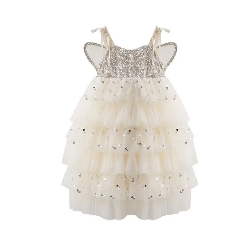 Toddler Girls Sequin Tiered Cake Princess Dress Butterfly Wings Birthday Party Gown 2026 Summer New Arrival