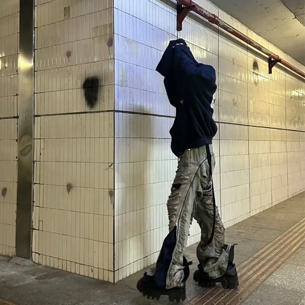 NIGO Men's Vintage Washed Aged Flared Pants Multi Zip Loose Straight Full Length Baggy Jeans #NGTOP11893