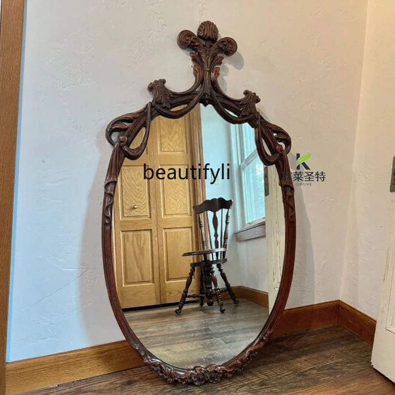 

French Court Style Retro Oval Mirror European Wall-Mounted Makeup Mirror American Dining Side Decorative Mirror Wall Hanging
