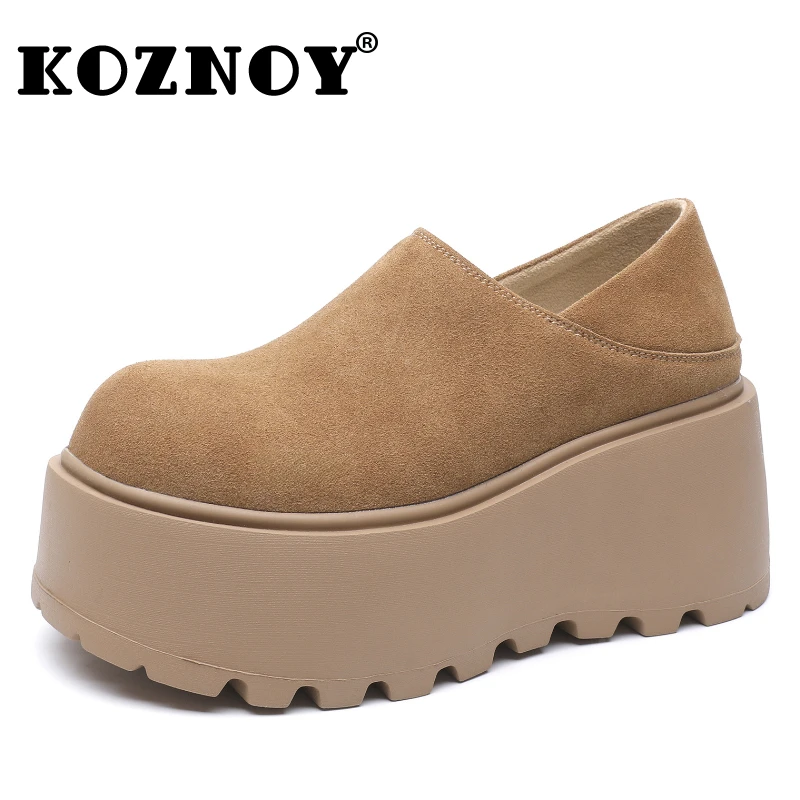 Koznoy 7cm Suede cow Genuine Leather Ankle Boots Women Autumn Winter Plush Chelsea Flats Spring Mary Jane Platform Wedge Shoes