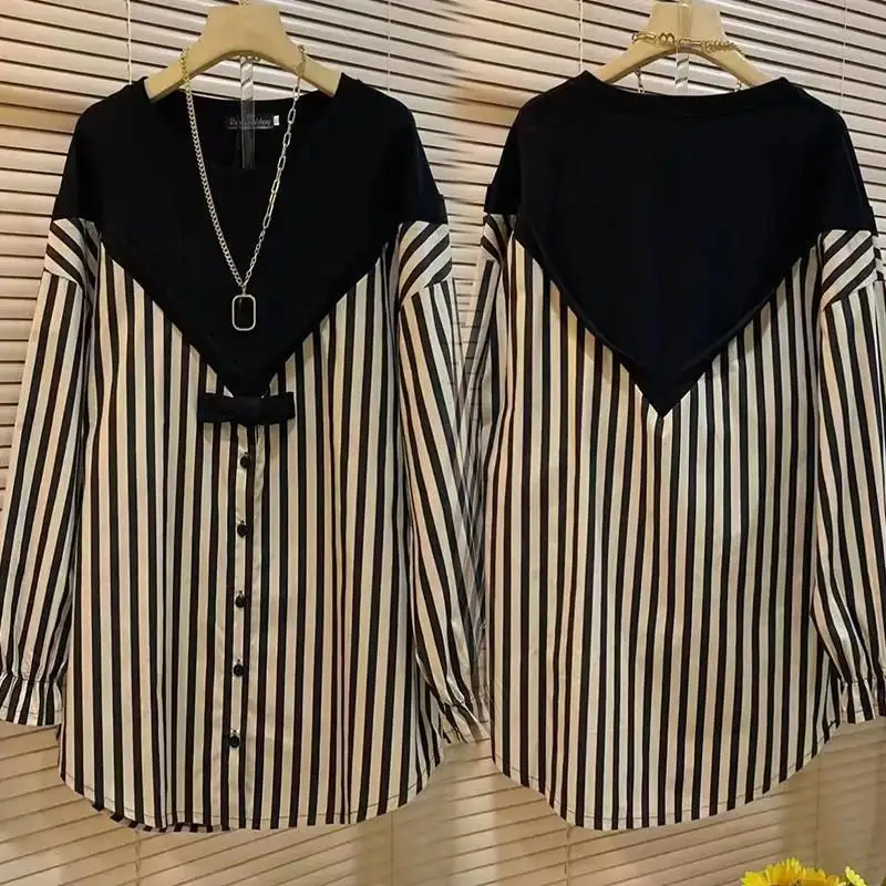 Camisa informal empalmada a rayas coreanas para primavera y otoño, ropa femenina con botones y cuello redondo, blusa holgada y elegante de manga