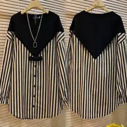 Coreano listrado emendado camisa casual primavera outono comute em torno do pescoço botão roupas femininas solto elegante blusa de manga longa nova