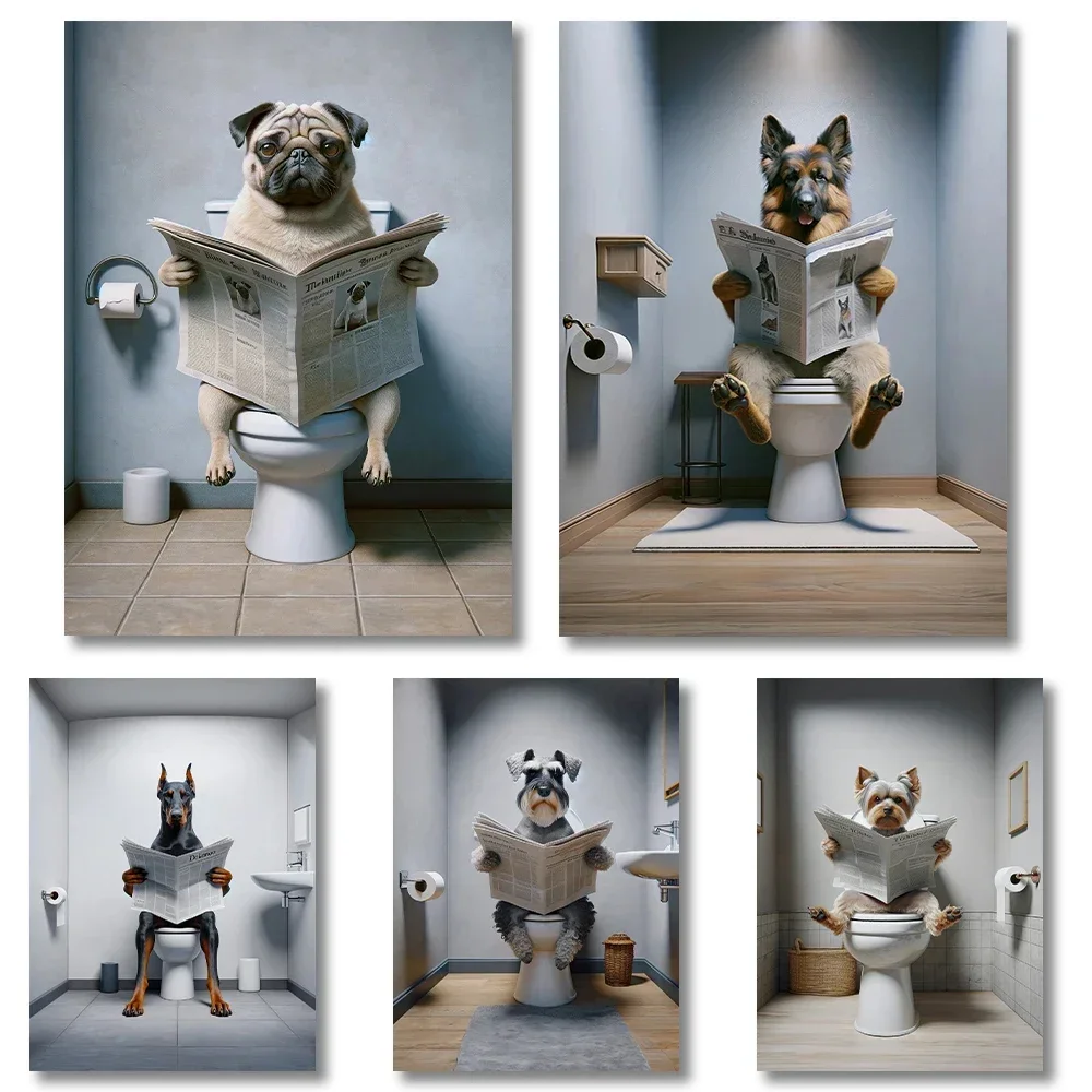 Multiple sizes 1pc frameless Canvas Painting,Toilet Dogs Reading Newspapers Funny Posters Rottweiler Doberman Poodle Canvas Pain