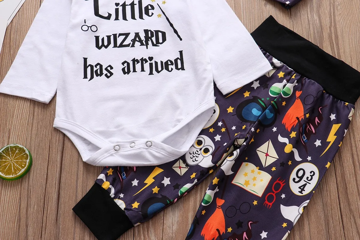 3PCS Newborn Baby Clothes Set 2024 Halloween Little Wizard Letter Printed Romper+Pants+Hat