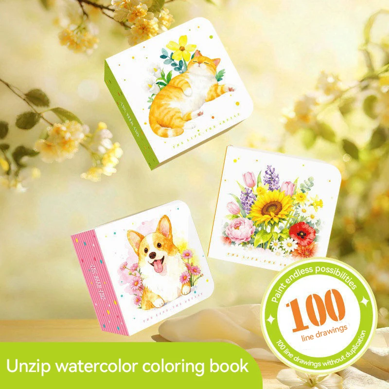 Portable Watercolor Coloring Book 100 Sheets Practice Coloring Book Graffiti Painting Notebook for Art Beginners Gouache Drawing