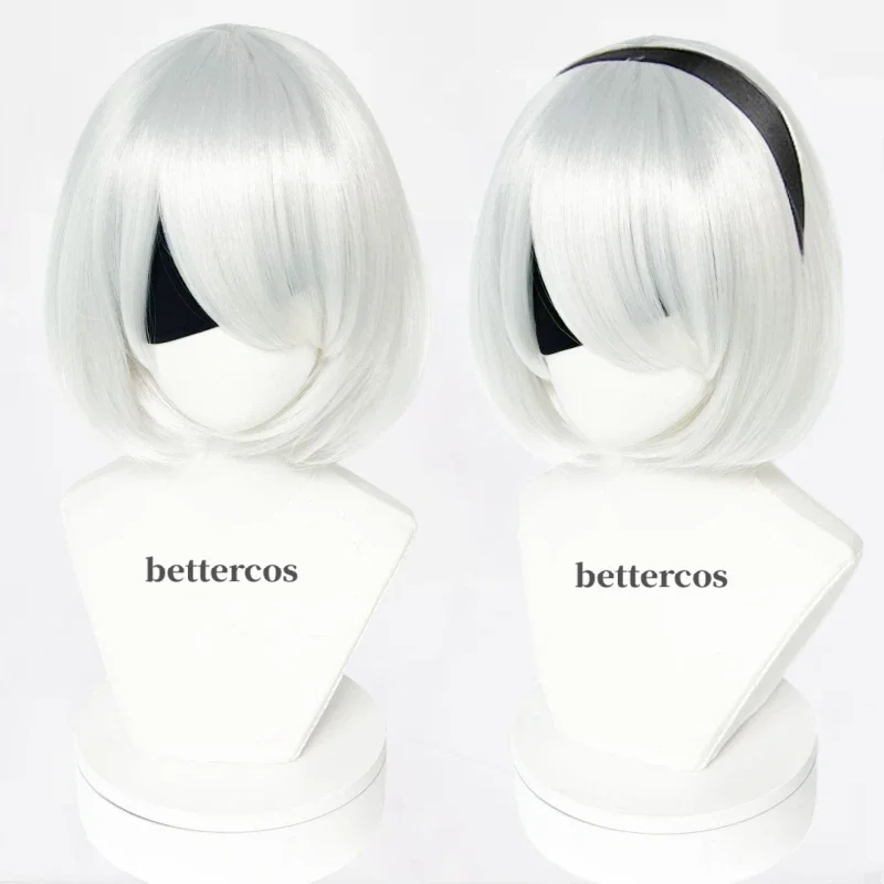 High Quality NieR:Automata YoRHa No. 2 Type B 2B YoRHa No.9 Type S 9S Cosplay Wig Short Silver White Hair Party Wigs  Wig Cap