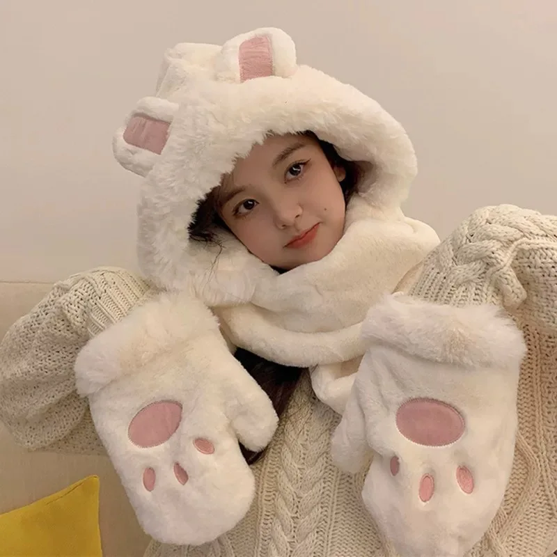 

Hat Scarf Gloves Full Set Winter Warm Fluffy Headwear Accessories Cute Animals Cosplay Costume for Women Girls Role Play Props