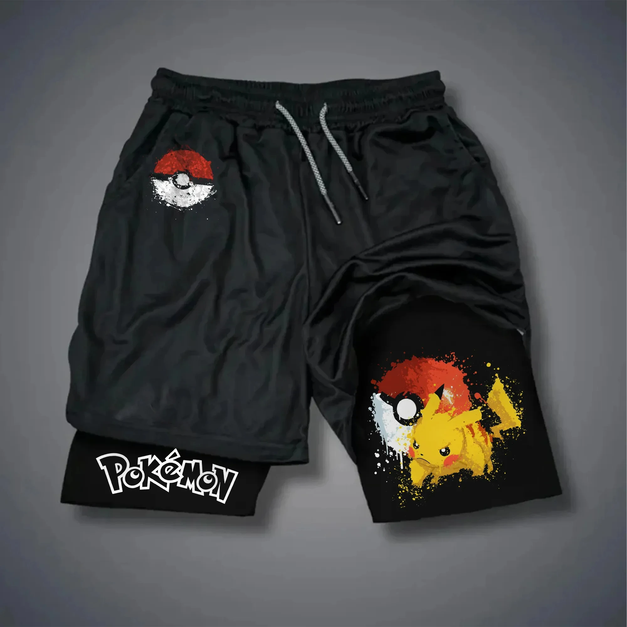 pokemon-pikachu-pokeball-anime-shorts-2025-verao-masculino-preto-casual-algodao-shorts-com-cintura-cordao-streetwear-japones