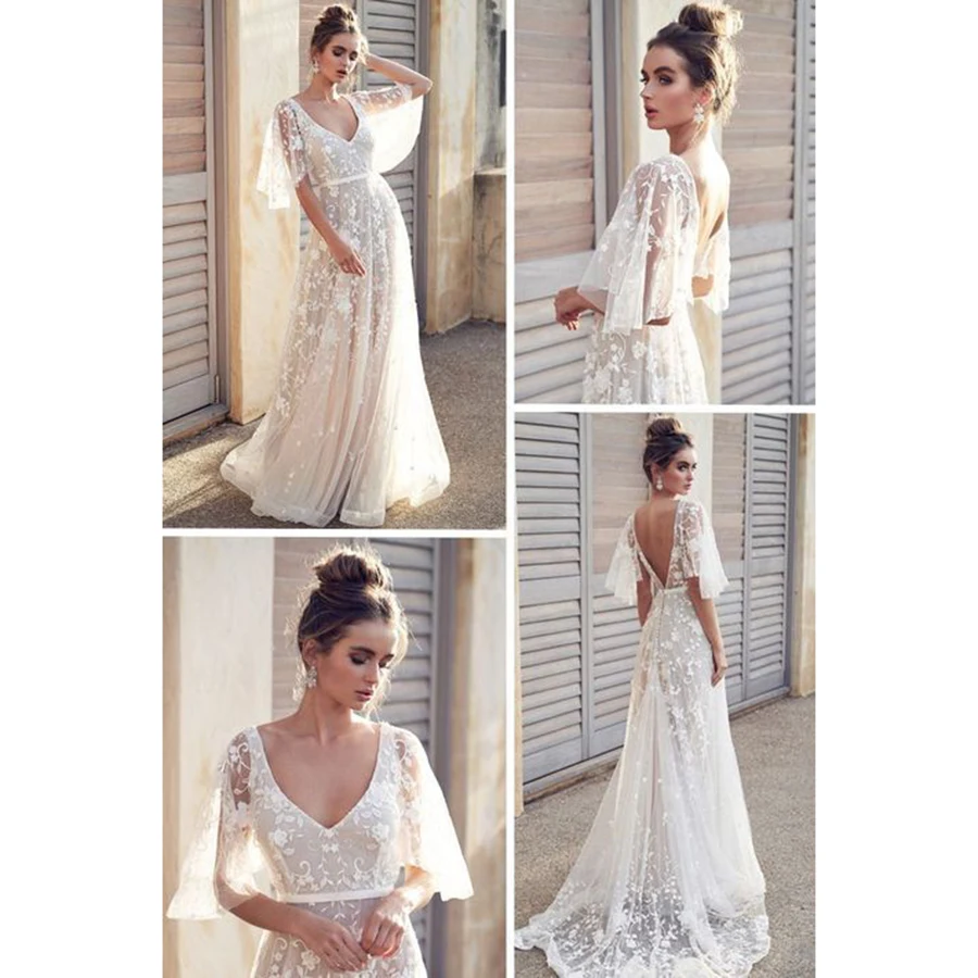 Illusion col en v robe de mariée Applique dentelle manches courtes longueur de plancher Train Sexy dos nu Tulle plage robes de mariée Simple 2025