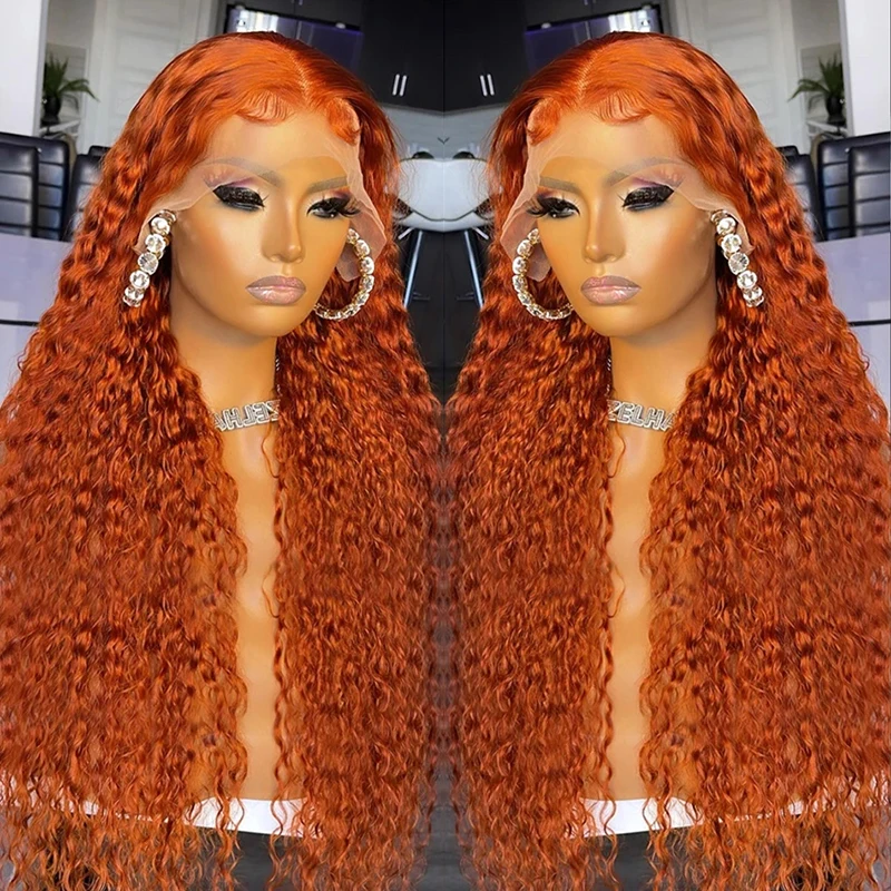 Ginger Orange 13x6 Transparent Deep Wave Lace Frontal Wig Highlight Colored Lace Front Wig Water Curly Human Hair Wigs for Women